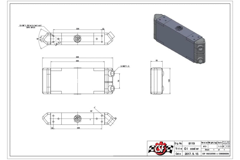 CSF Universal Dual-Pass Oil Cooler - M22 x 1.5 - 13in L x 4.75in H x 2.16in W - DTX Performance