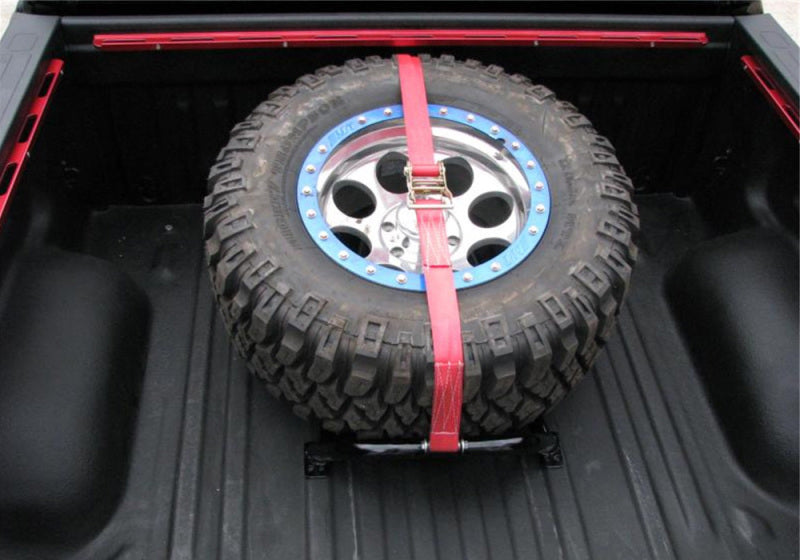 N-Fab Bed Mounted Tire Carrier Universal - Gloss Black - Red Strap - DTX Performance