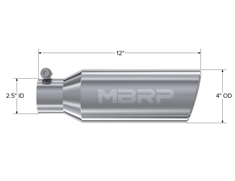 MBRP Universal Tip 4in OD 2.5in Inlet 12in Length Angled Cut Rolled End Clampless No-Weld T304 - DTX Performance