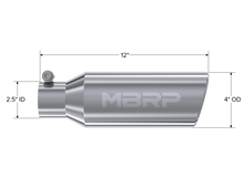 Load image into Gallery viewer, MBRP Universal Tip 4in OD 2.5in Inlet 12in Length Angled Cut Rolled End Clampless No-Weld T304 - DTX Performance