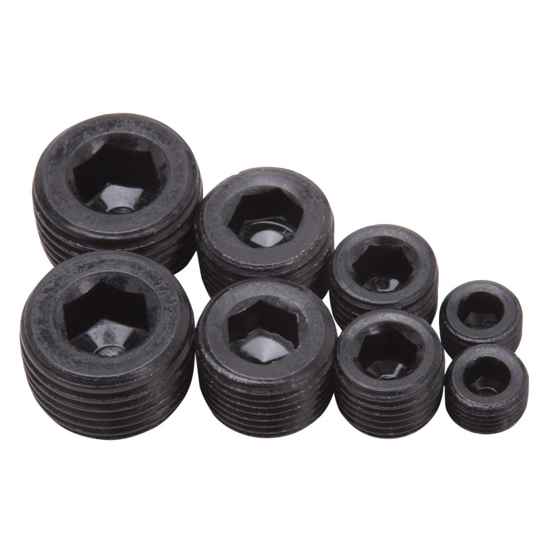 Edelbrock Fittings Pipe Plug Kit Internal Allen Head 1/8In 1/4In 3/8In 1/2In NPT Set of 8 Black - DTX Performance