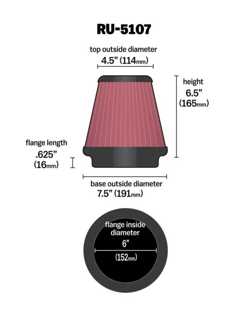 K&N Universal Air Filter 6in Flange / 7-1/2in Base / 4-1/2in Top / 6-1/2in Height - DTX Performance