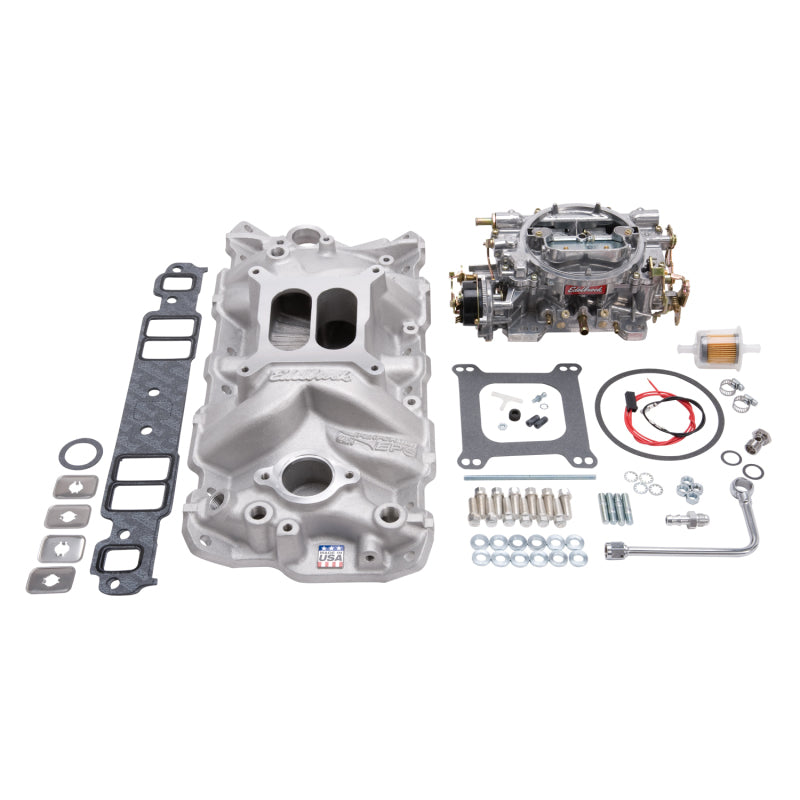 Edelbrock Manifold And Carb Kit Performer Eps Small Block Chevrolet 1957-1986 Natural Finish - DTX Performance