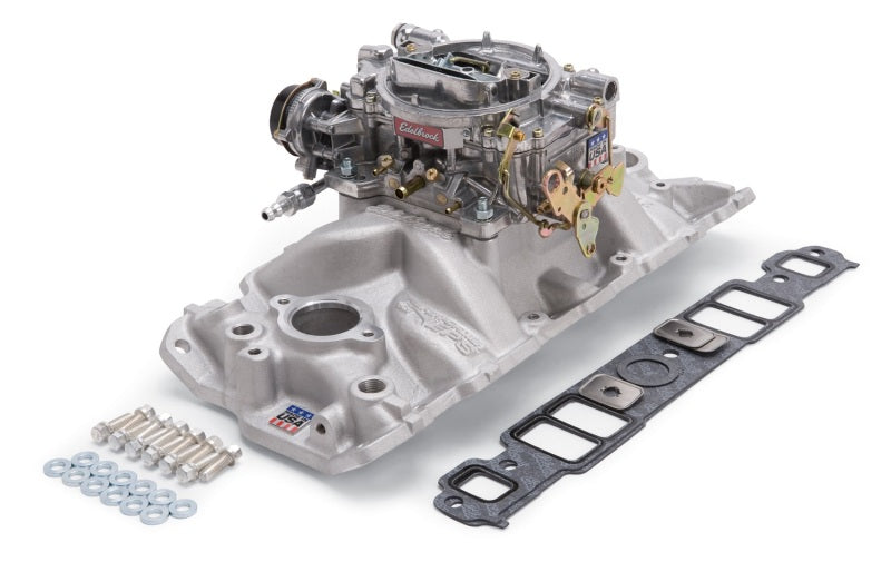 Edelbrock Manifold And Carb Kit Performer Eps Small Block Chevrolet 1957-1986 Natural Finish - DTX Performance